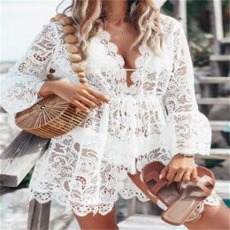 New White lace smock Sexy Party Womens BikiniSummer Beach cover Short Claw Designer white dress lady ty 234