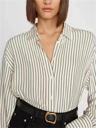 Women's Blouses Women Contrast Color Striped Silk Blouse 2024 Summer Ladies Turn Down Collar Single Breasted Long Sleeve Light Shirt