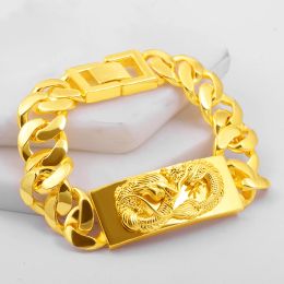 Bangles Pure Gold 18k Colour Original Bracelets for Men with Square Dragon Pendant Bracelet Bangle Wedding for Party Banquet Jewellery Gift