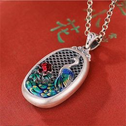 Pendants Ethnic Style Enamel Coloured Double Sided Peacock Open Screen Pendant Vintage Hollow Peony Flower Necklace For Lady Gift