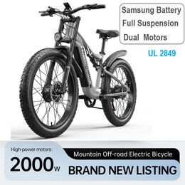 Bicicleta de montanha elétrica de 26 polegadas 2000W com motor duplo Ebike City Fat Tire Bicicleta 17,5Ah 48V SAMSUNG Suspensão total E-bike Beach Cruiser US Shengmilo S600 E-MTB Moped