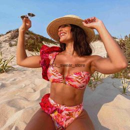 Women's Swimwear Print One Shoulder Bikini Women 2023 New Swimsuit with Belt Set Push Up Cute biquini Beach Wear SwimH24221