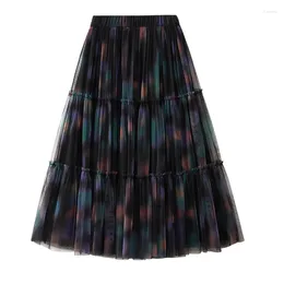 Skirts SURMIITRO Women Tulle Long Skirt Korean Fashionable Gradient Multicolour A Line High Waist Pleated Mesh Female Ladies