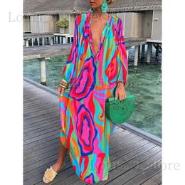 Abiti casual di base Donne Abito a V Deep-Neck 2023 Summer Vintage Elegante manica lunga BOHO Abiti lunghi abiti da donna Sexy Beach Party Shee Maxi Dress T240221