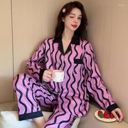 Women's Sleepwear Satin Pyjamas Set Floral Printed Ice Silk Stripe Spliced Long Sleeve Pants Home Suit Pijama Outworn