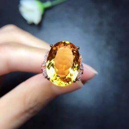 Rings Natural Yellow Citrine Quartz Adjustable Ring 20x15mm 925 Silver Woman Citrine Clear Bead Wealthy Stone AAAAA