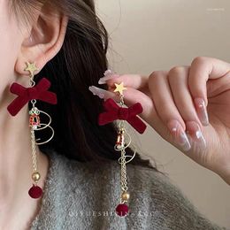 Dangle Earrings Wine Red Velvet Bow Ball Long Drop For Women Fashion Temperament Jewellery Party Gift Tassel Chain 2024