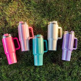 Water Bottles 40oz Glitter Blank Sublimation Shimmer Holographic Rainbow Tumbler Insulated Mug With Handle Car Thermos Stainless Steel Cup YQ240221