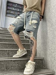 Men's Shorts Mens summer street style tear dye design denim shorts with high elasticity and comfortable knee length J240221