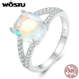 Rings WOSTU Big Stone 925 Sterling Silver Rainbow Moonstone Rings For Women Oval Shape Multi Crystal Statement Ring Xmas Jewelry Gift