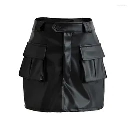 Skirts YENKYE Women American Retro Faux Leather Black Slim Mini Skirt Sexy Low Waist Pockets Pencil