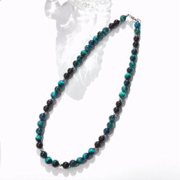 Necklaces Lii Ji 8mm Light Blue Tiger Eye With Black Agate Stainless Steel Necklace 48cm Trendy Bohe Necklace For Male
