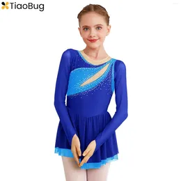 Stage Wear Kids Girls Long Sleeve Figure Skating Dress Ballet Dance Dresses Colour Block Glittery Rhinestone Skirt Leotard Gymnastic Costume