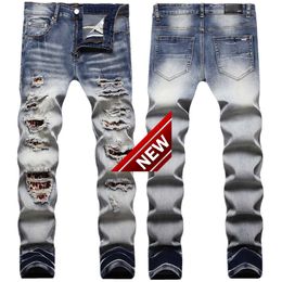 High street brand light color damage patch worn slim fit small leg jeans mens fashion