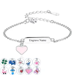 Bracelets ELESHE Personalised Name Bracelets for Children Custom Pink Enamel Heart Charm Bracelet Engrave 925 Sterling Silver Jewellery Gift