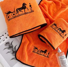 Simple Orange Three-Piece Suit of Bath Towel Micron Embroidery Towel Combination Hand Gift Set Wedding Business Benefits