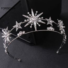 Jewellery Baroque Princess Diadem Bling Rhinestone Star Tiara and Crown Gold/Silver Colour Metal Headbands for Bride Wedding Hair Jewellery