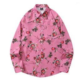 Men's Casual Shirts Full Printed Curved Hem Flower Shirt Men Women Autumn Long Sleeved Man Blouse Pink Beige