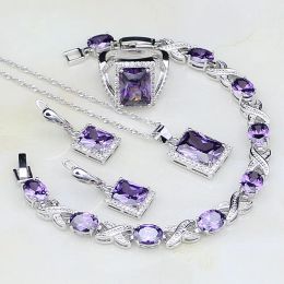 Sets Square Purple Crystal White Zircon 925 Sterling Silver Jewellery Sets For Women Wedding Earrings/Pendant/Necklace/Bracelet/Ring