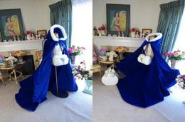 2020 New Cheap Romantic Hooded Bridal Capes Royal Blue Long Wedding Cloaks With Satin Wedding Bridal Wraps Bridal Cloaks2400789