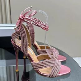Aquazzura Stiletto Ankle Sandals Strap Rhinestone Decoration Gladiator Leather Outsole Pumps Womens Party Evening Shoes Luxury Designers High Heels