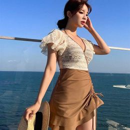 Women's Swimwear New Design Korean One Piece Swimsuit Women Bathing Suit Half Sleeve Halter Bikini Set Student Girl Hot Spring Swimsuit