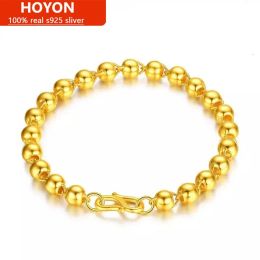 Bangles HOYON Genuine 24k Yellow Gold Colour Bracelet For Women and Men Fine Jewellery Round Dubai Sand Gold Beads Bangles Birthday Gifts