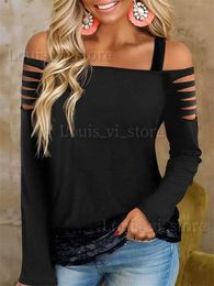 Women's T-Shirt 2023 Autumn Lace Splicing Cut Out Cold Shoulder Blouse Women Fashion Femme Long Sleeve Casual Chic Elegant Temperament Y2K Tops T240221