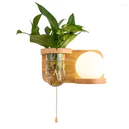 Wall Lamp Nordic Creative Wooden Base With Frosted Glass Ball / Cylindrical E27 Pull Down Switch Bedside Plant Not Included