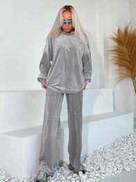 Women's Sleepwear Marthaqiqi Gray Ladies Pajama Suit O-Neck Long Sleeve Nightwear Wide Leg Pants Velvet Women Nightgowns 2 Piece Set