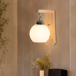 Wall Lamp Indoor Solid Wood Light Creative Bedroom Bedside Modern Simple Corridor Stairway E27 Glass Sconce