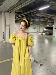 Party Dresses Real S 2024 Summer One-word Collar Loose And Lazy Style Off-the-shoulder Puff Sleeve A-line Midi Dress