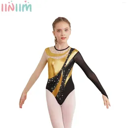 Stage Wear Kids Girls Shiny Metallic Gymnastic Leotard Bodysuit Mesh Long Sleeve Keyhole Back Figure Ice Skating Dance Performance Jumpsuit