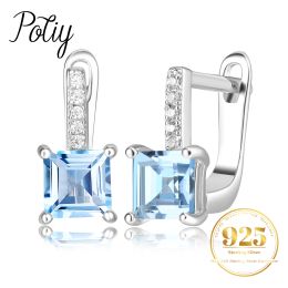 Earrings Potiy Square Natural Sky Blue Topaz Hoop Earrings 925 Sterling Silver for Women Daily Wedding Party Jewelry