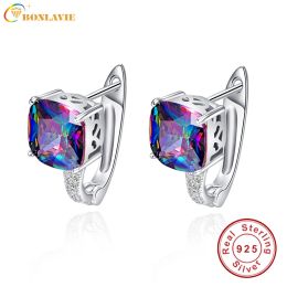 Earrings BONLAVI Square Natural Mystic 6.8ct Rainbow Topaz Stones Pierced Ear Cuff 925 Sterling Silver Brand Party Wedding Fine Jewellery