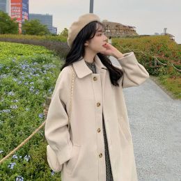 Blends 2023 New Hepburn Style Woolen Coat Small and Fragrant Style Versatile Milk Tea Color Woolen Long Coat Women
