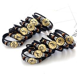 Charm Bracelets 12 Constell Leather Bracelet Bronze Coin Charm Horscope Sign Mtilayer Wrap Bracelets Wommen Mens Bangle Cuff Will And Dhlgv