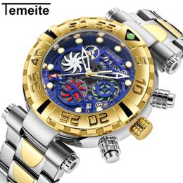Temeite Watches Men Business Casual Golden Creative Hollow Quartz Watch Waterproof Military Wristwatches Male Chronograph Clock209G