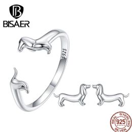 Sets BISAER 925 Sterling Silver Cute Pet Dog Jewellery Set Dachshund Animal Stud Earrings Adjustable Rings for Women Lovely Party Gift