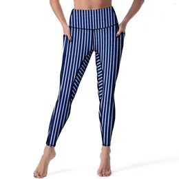 Active Pants Vintage Striped Leggings Pockets Blue And White Graphic Yoga High Waist Gym Legging Elegant Elastic Sports Tights
