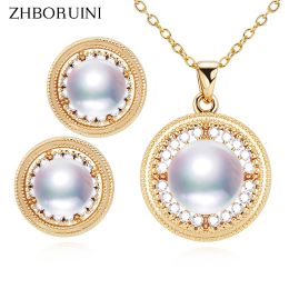 Sets ZHBORUINI Gold Coin Shape Pearl Jewelry Sets Round Natural Freshwater Pearl Necklace Earrings Cover With 14k Gold Leaf For Women