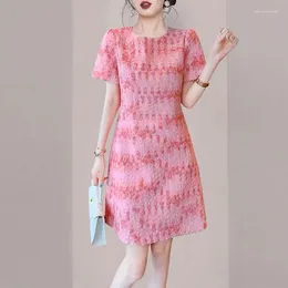 Party Dresses Fashion High Quality Summer Pink Embroidery Dress 2024 Luxury Sweet Women Round Collar Short Sleeve Ladies Office Mini