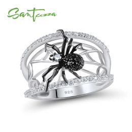 Rings SANTUZZA Genuine 925 Sterling Silver Ring For Women Unique Rings Delicate Black Spider Ring Trendy Party Fashion Jewellery