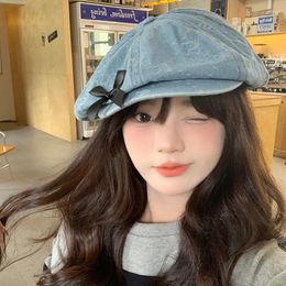 Berets Korean Version Autumn Short-brimmed Denim Beret Cap Women Versatile Big Head Cloud Hat Sweet Bow Fashion Octagonal