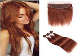 Brown Peruvian Virgin Hair Bundles With Lace Frontal Closure Colour 33 Medium Brown Straight Human Hair Weaves With Lace Frontal9286044