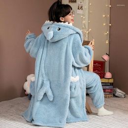 Women's Sleepwear Cartoon Flannel Nightgowns Long Thick Coral Velvet Pyjamas Set Women Winter Cute Warm Nightdress Shark Cosplay Suit