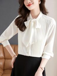 Women's Blouses Women White Shirts Elegant Bow Lace-Up Chic Fashion Pleated Office Formal 2024 Autumn Winter Long Sleeve Basic Top