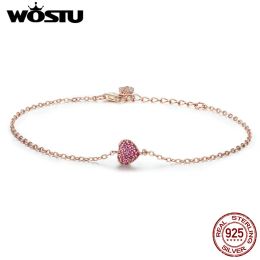 Bangles WOSTU 925 Sterling Silver Rose Gold Romantic Heart Chain Link Bracelet For Women Lobster Clasp Bracelet Jewelry Gift CQB050