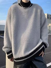 Men's Sweaters Winter Plush Sweater Warm Casual Knitted Hoods With Large Korean Loose Semi -high -necked Striped Band Shirt