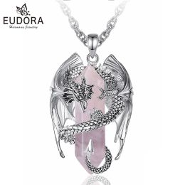 Pendants Eudora Dragon Twining Hexagonal Rose Quartz Prismatic Necklace Punk Healing Stone Rose Quartz Pendant Jewellery Gift for Man Women